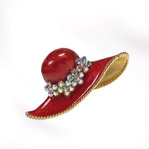 Vintage Red Hat Society Pin Brooch Gold Tone Aurora Borealis Rhinestone Flower